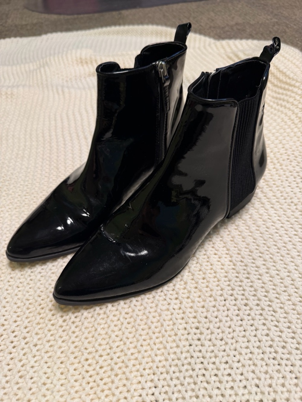 DKNY Black Patent Leather Pointed Chelsea Ankle Boots